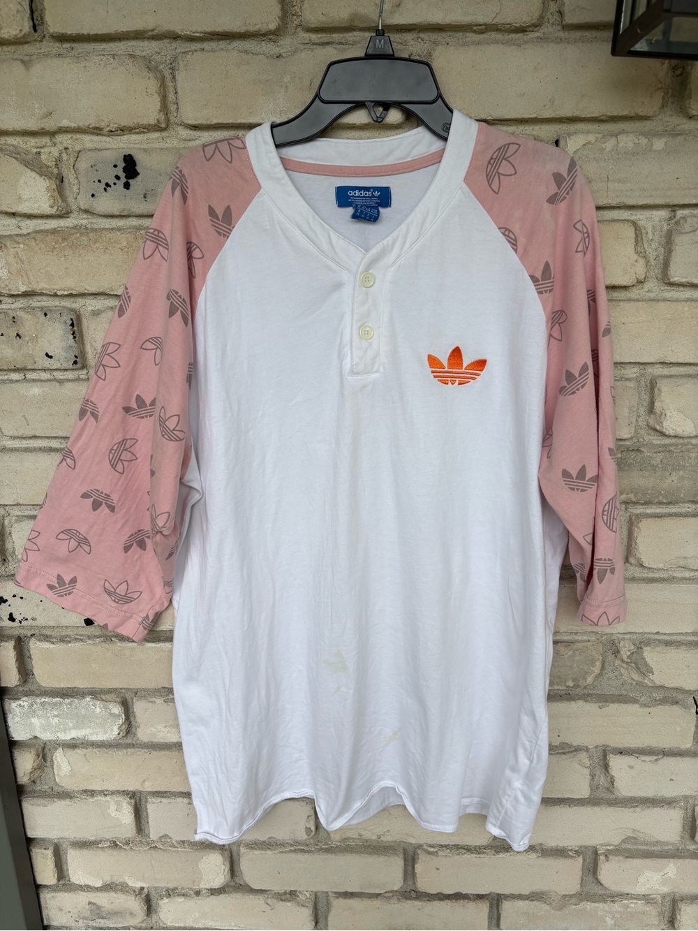 adidas women  White & Pink Raglan Henley shirt with embroidered chest logo